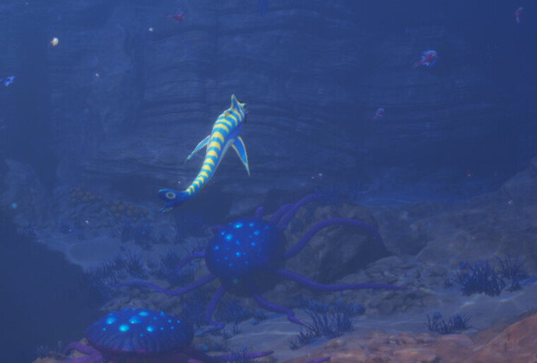 Cropped official Subnautica 2 Steam screenshot showing a striped mid-depth fish.