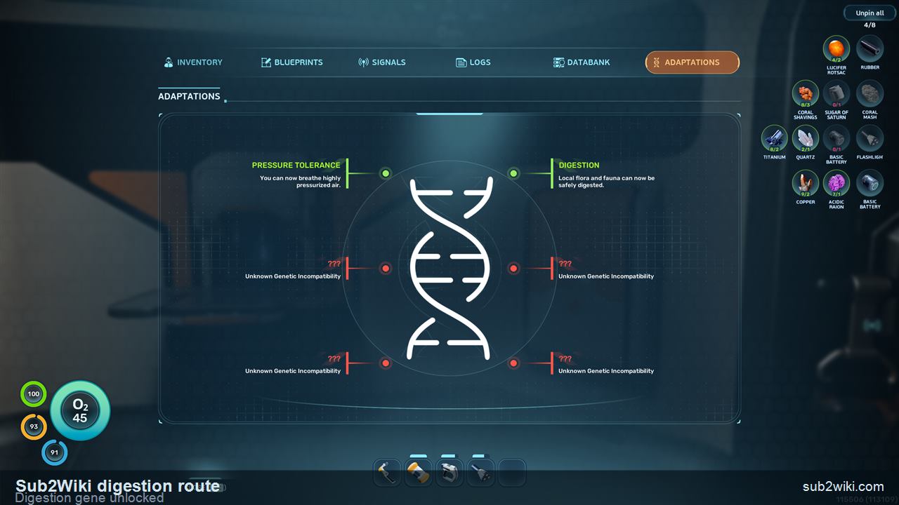 Subnautica 2 Adaptations menu showing the Digestion gene unlocked.