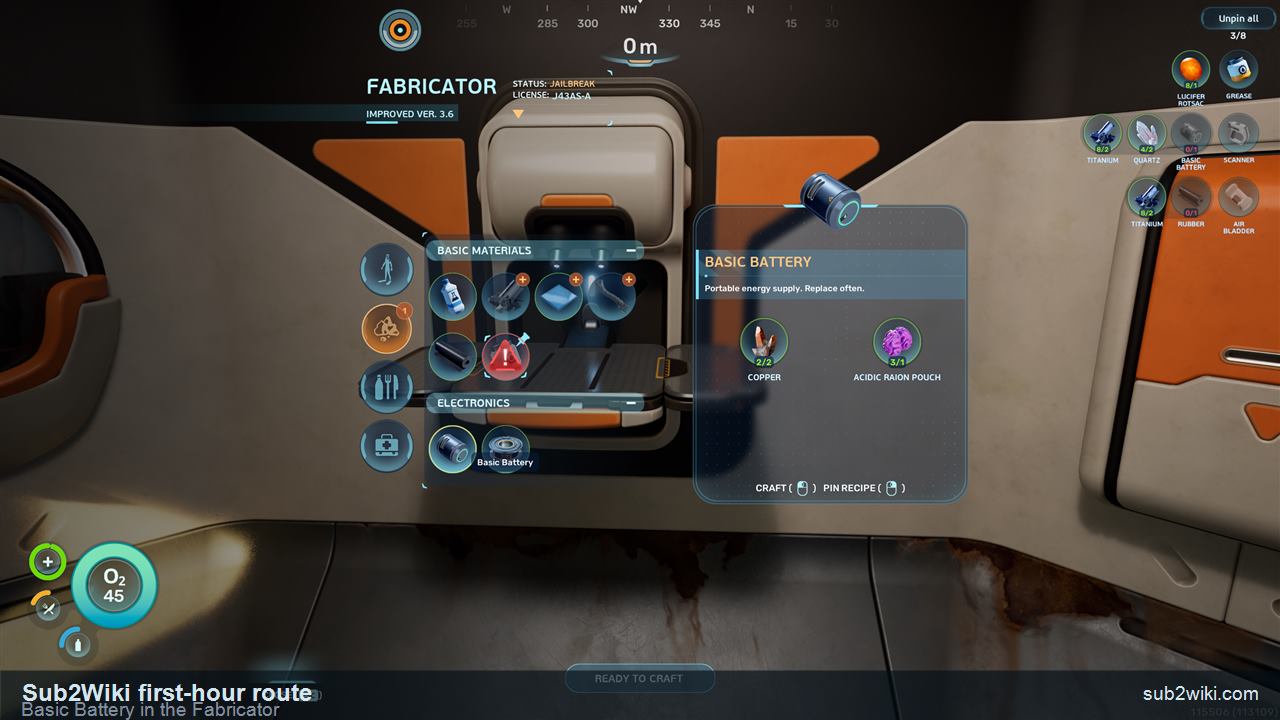 Subnautica 2 Fabricator showing Basic Battery planning in the first hour.