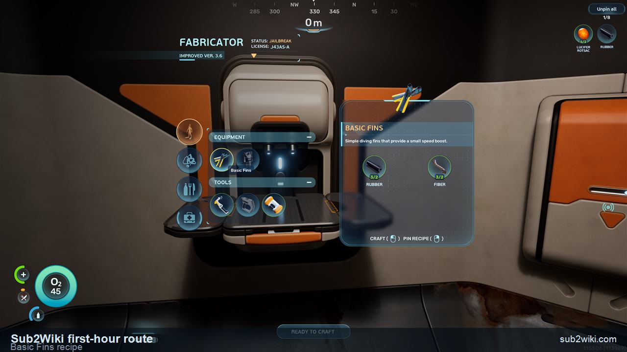 Subnautica 2 Fabricator screen showing Basic Fins ready to craft with Rubber and Fiber.