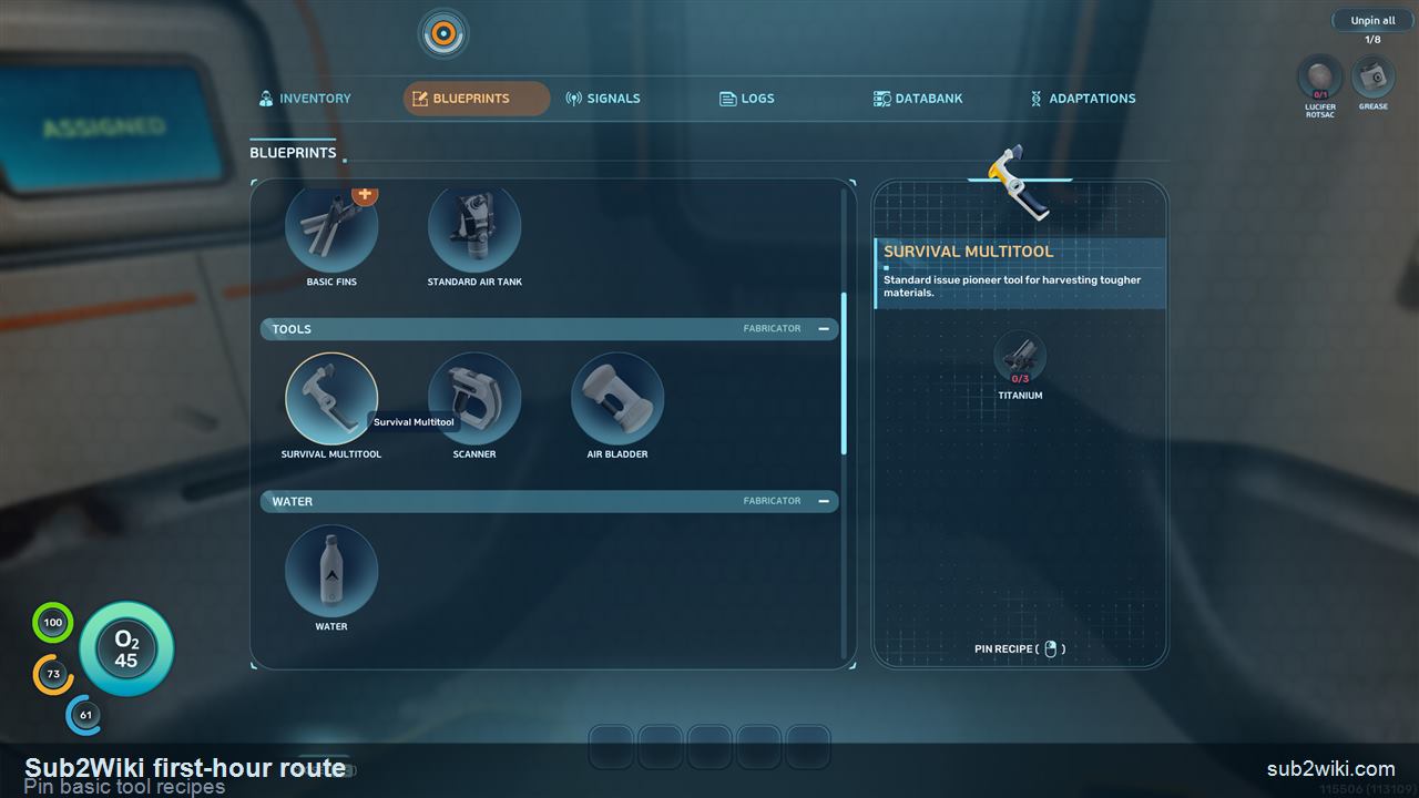 Subnautica 2 first-hour Blueprints screen used for early crafting-chain planning.