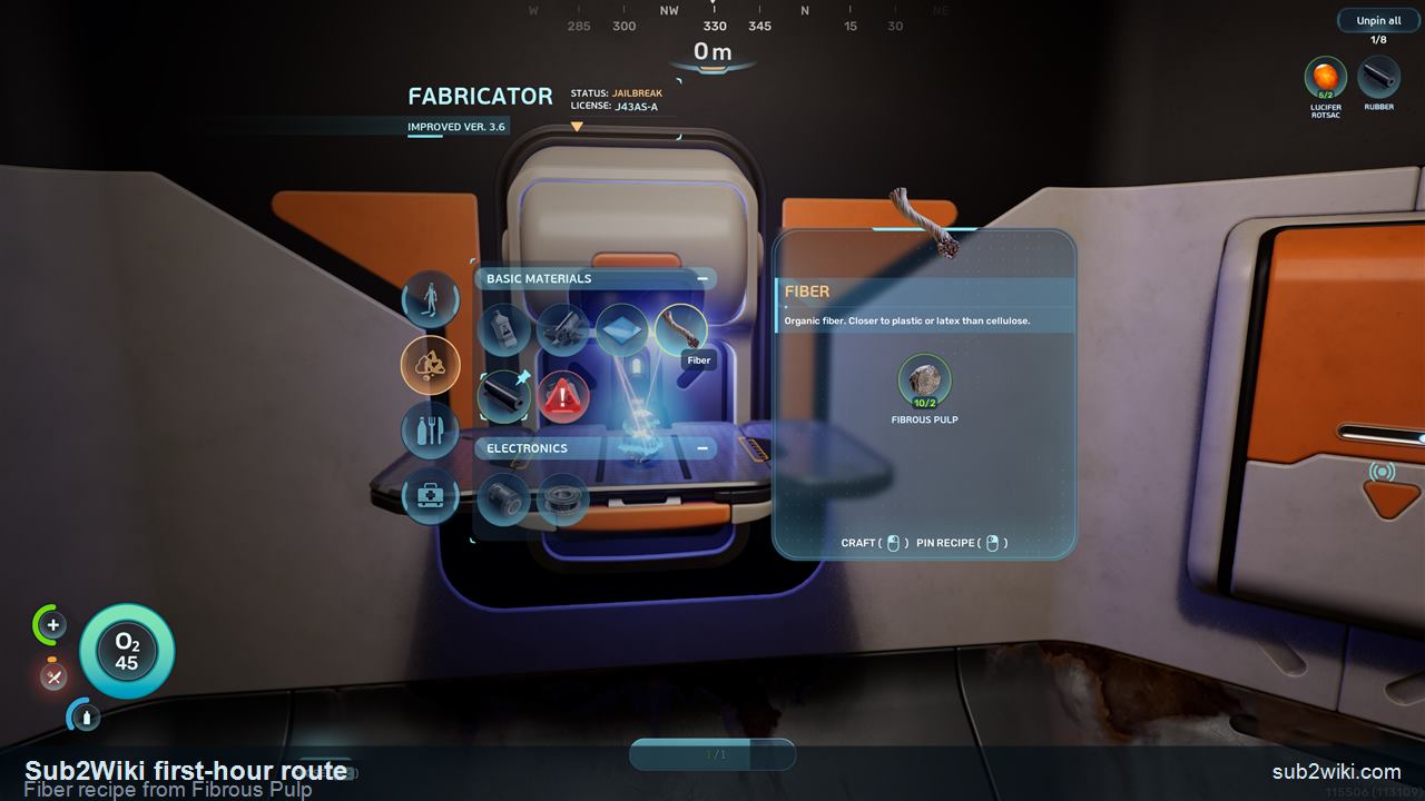 Subnautica 2 Fabricator screen showing the Fiber recipe from Fibrous Pulp.