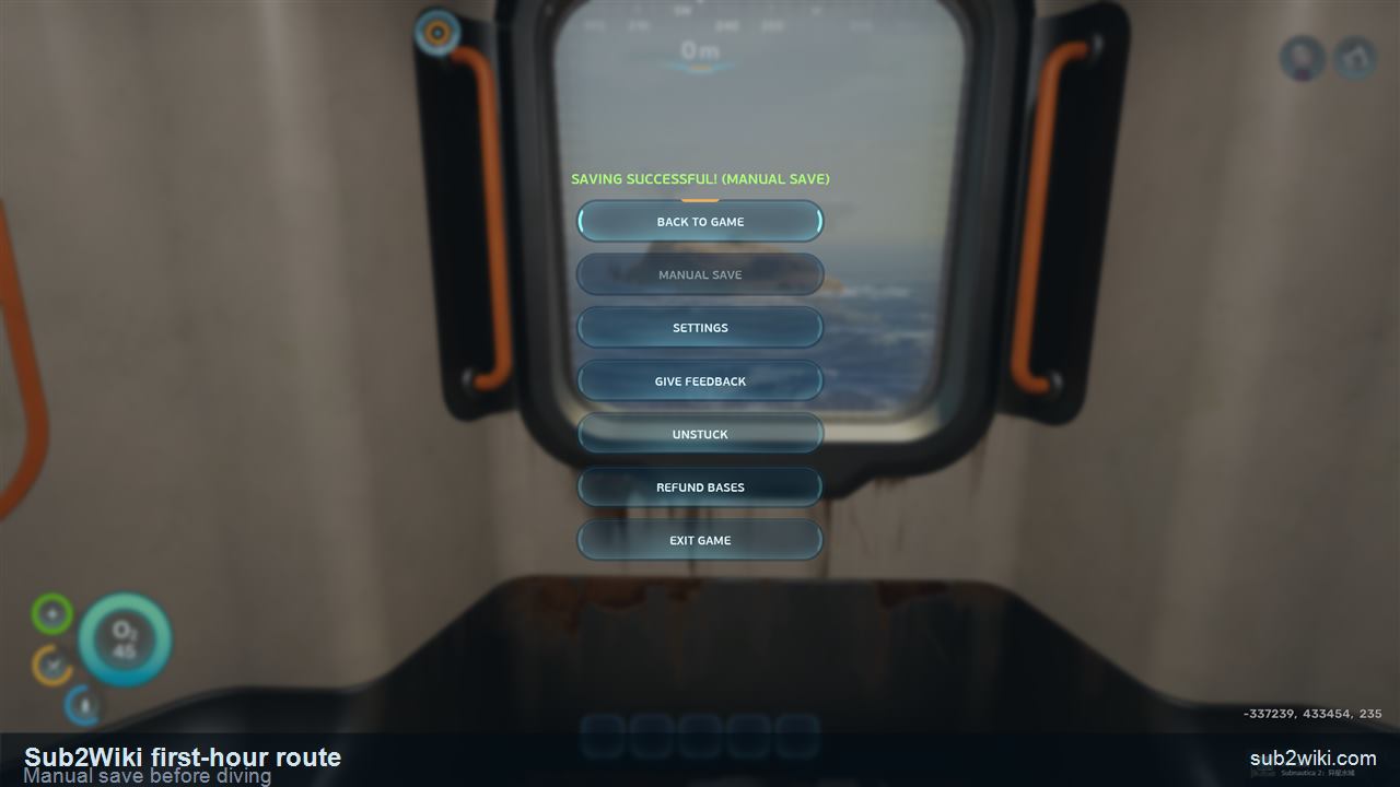 Subnautica 2 manual save screen before diving for materials.