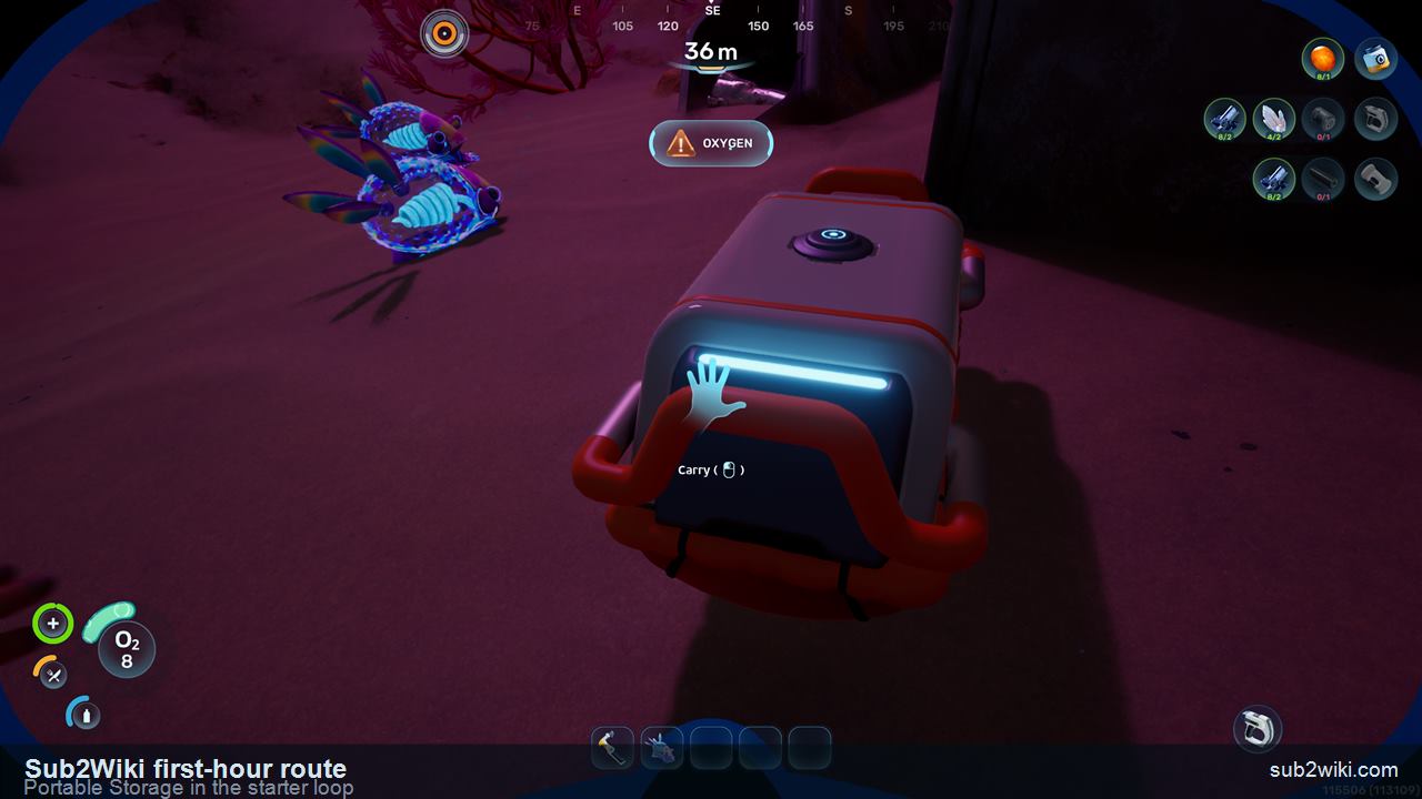 Subnautica 2 first-hour Portable Storage in the starter loop.