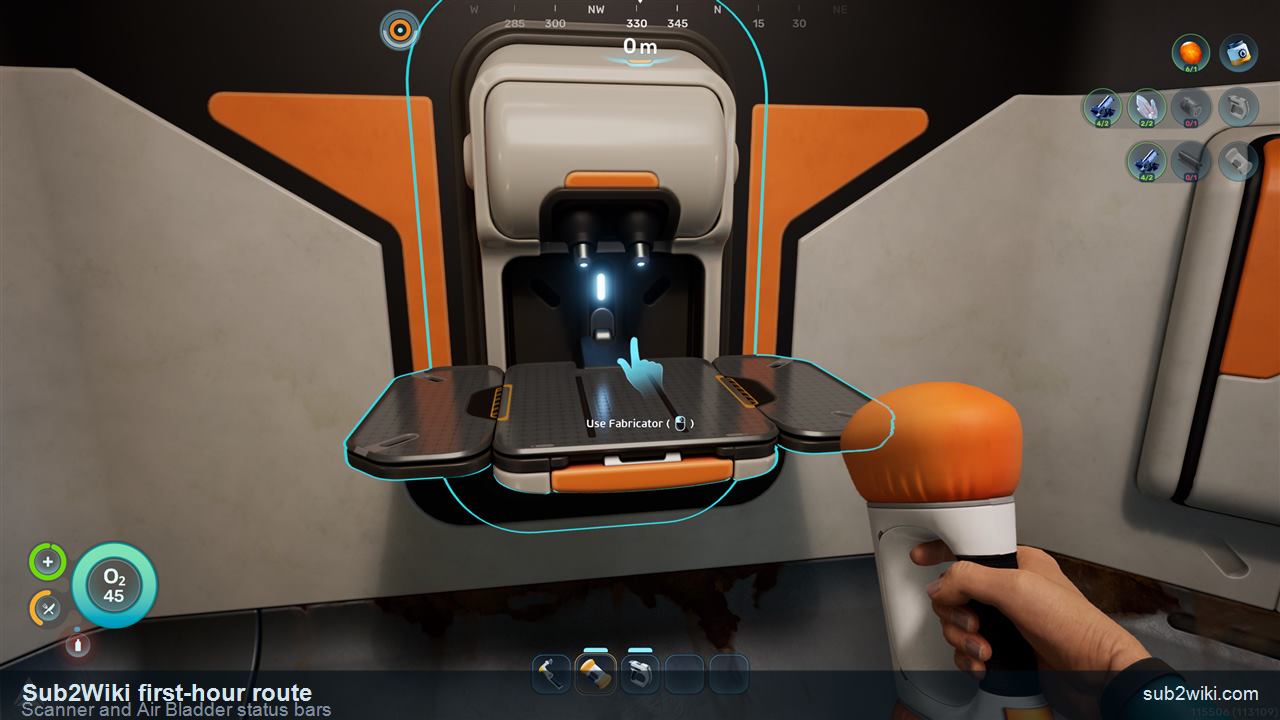Subnautica 2 hotbar showing Scanner and Air Bladder with blue status bars.