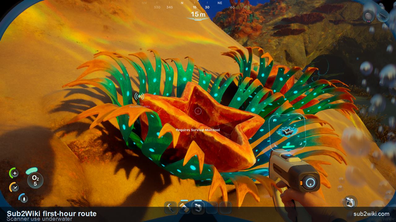 Subnautica 2 first-hour underwater Scanner use during the early Water Slug route.