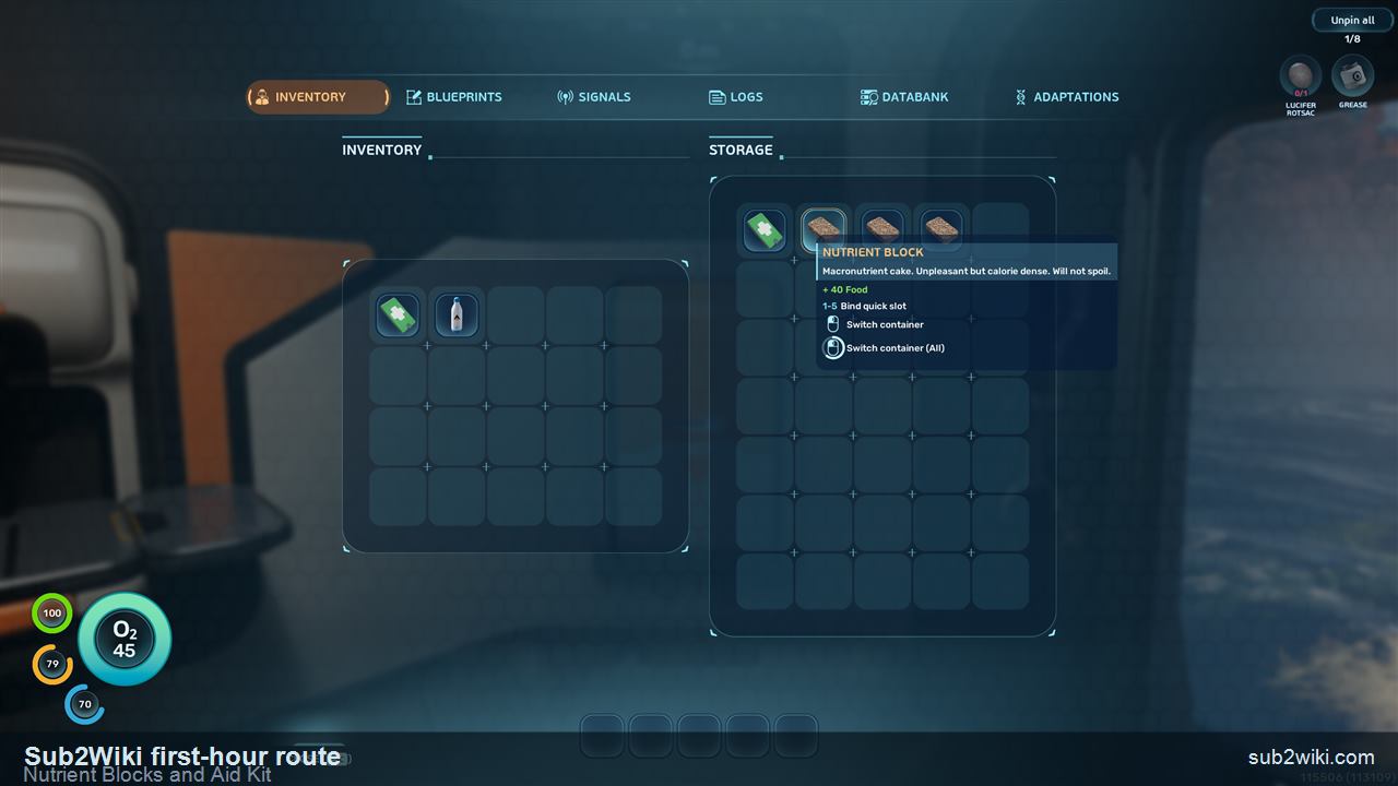 Subnautica 2 starter storage locker supplies with Nutrient Blocks and an Aid Kit.