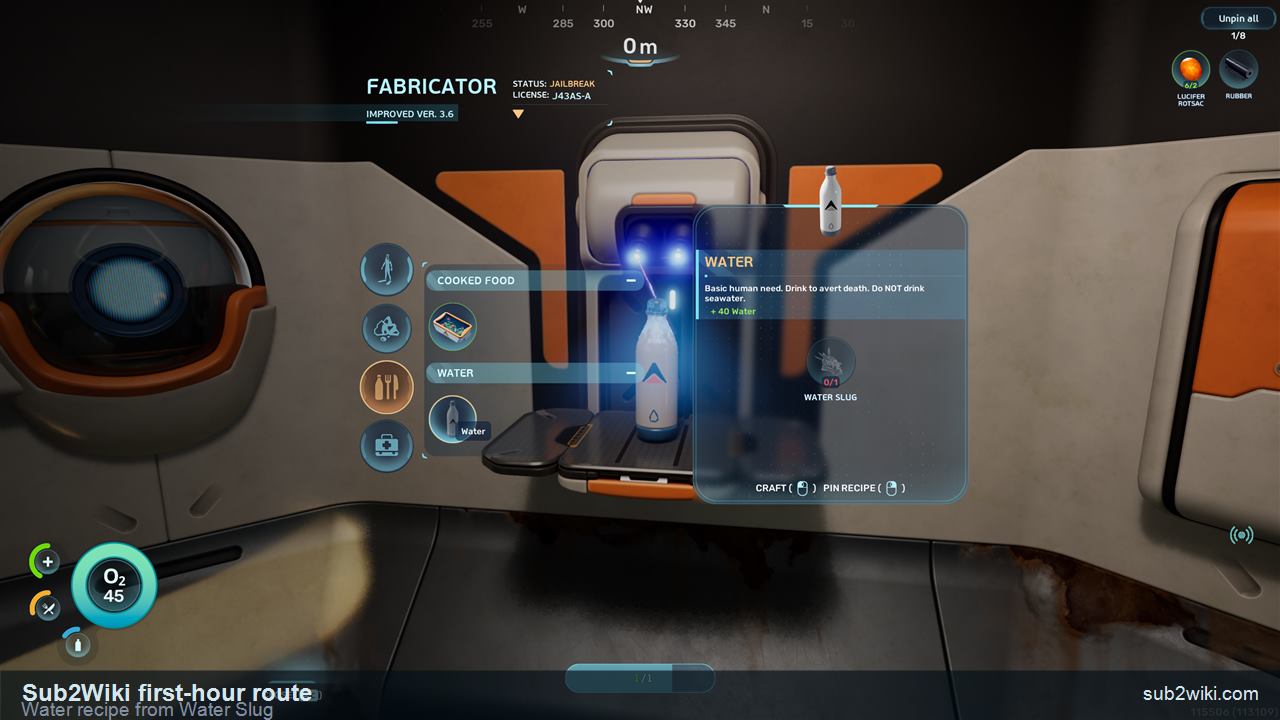 Subnautica 2 Fabricator screen showing Water crafted from Water Slug.