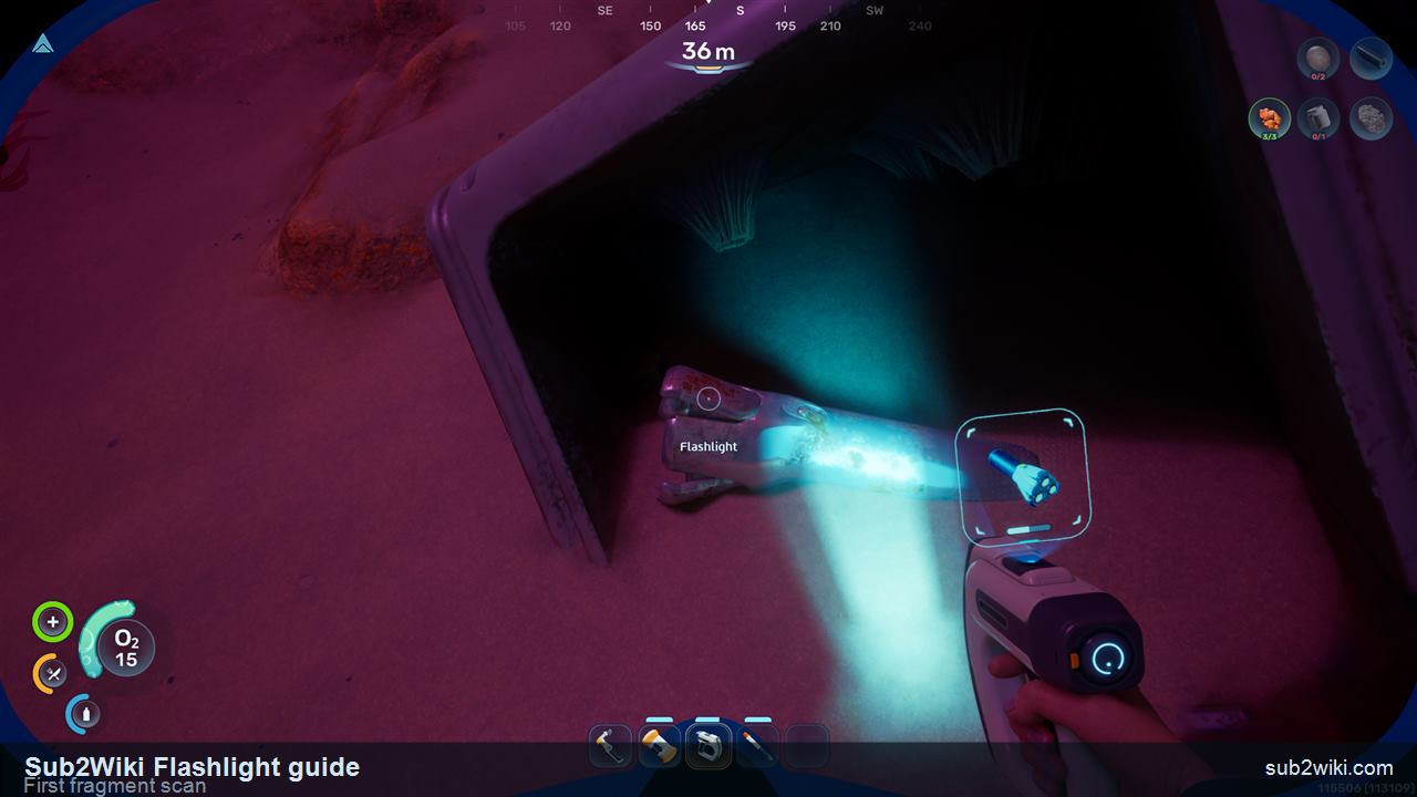 Subnautica 2 Flashlight fragment scan in the Lifepod cave.