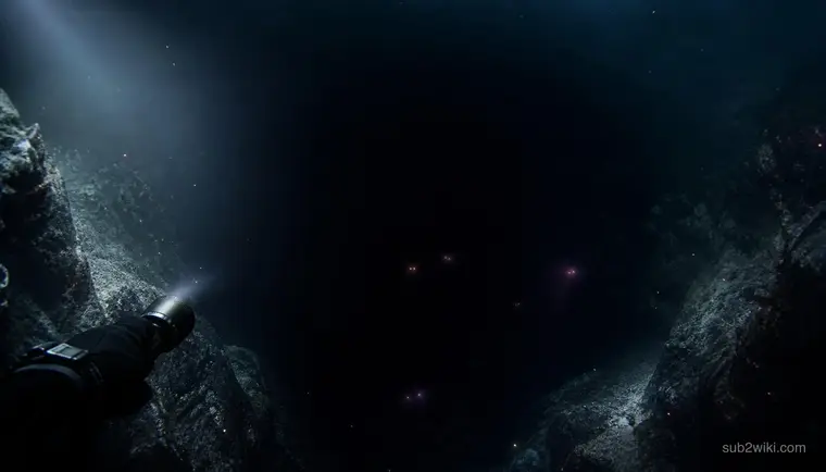 First-person view into a deep ocean trench with fading surface light, concept art inspired by underwater survival horror themes.