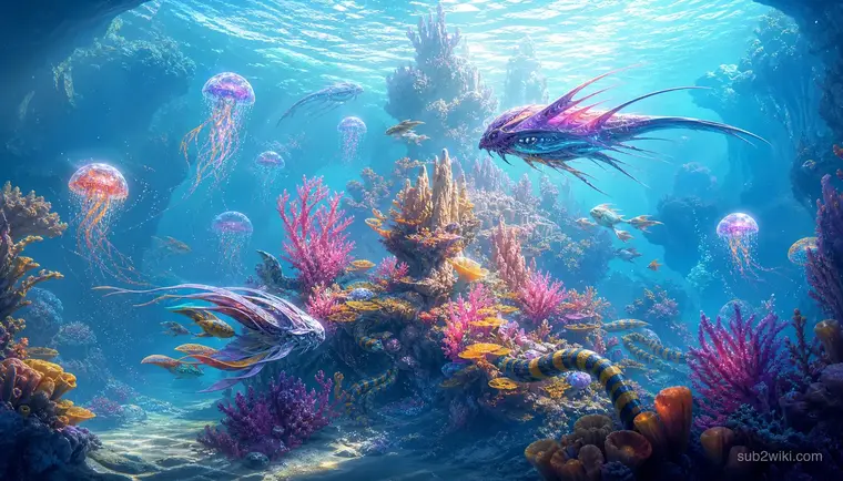 Alien reef fauna concept art with bioluminescent creatures, inspired by underwater survival biome themes.