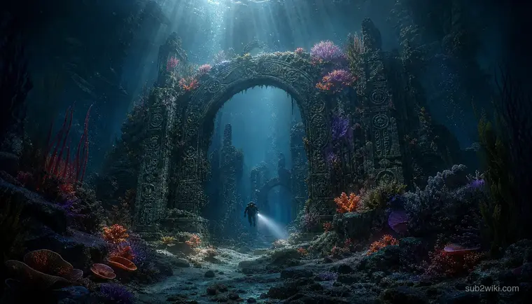 Ancient underwater ruins concept art with vertical columns and bioluminescence, inspired by deep-sea exploration and base-building themes.