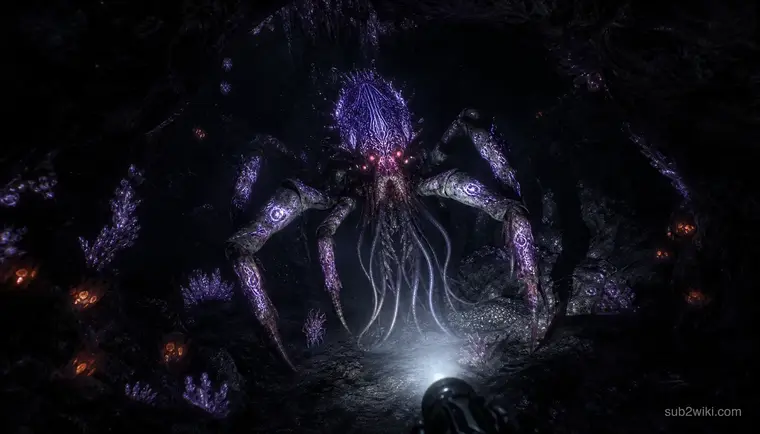 Cave predator silhouette in shadowed underwater passages, concept art inspired by deep-sea creature themes.