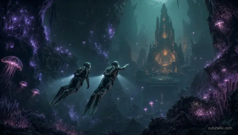 Two divers crossing a deep underwater canyon together with crossing flashlight beams, concept art inspired by co-op survival themes.
