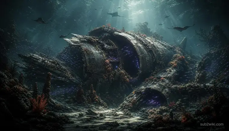 Crashed alien shipwreck half buried on the seafloor, concept art inspired by deep-sea exploration and sci-fi survival themes.
