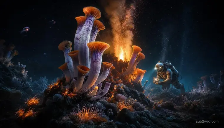 Hydrothermal vent ecosystem concept art with mineral chimneys and glow-light fauna, inspired by deep-sea biome themes.