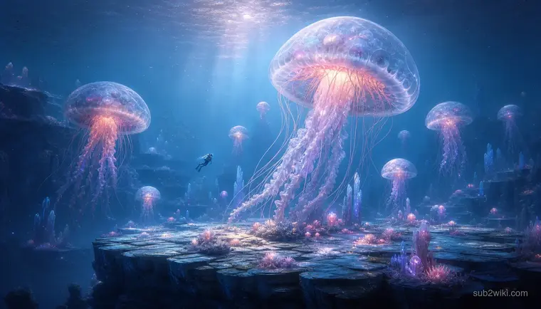 Jellyfish plateau biome with drifting bioluminescent fauna, concept art inspired by deep-sea resource exploration themes.