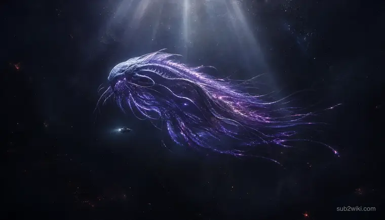 Concept-style art of a leviathan silhouette descending into the deep ocean abyss, inspired by underwater survival themes.