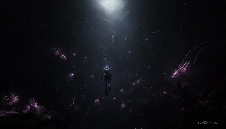 Lone diver descending into a glowing abyss, concept art inspired by underwater survival exploration themes.