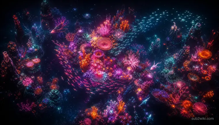 Glowing neon coral garden biome concept art with bioluminescent flora, inspired by underwater survival exploration themes.