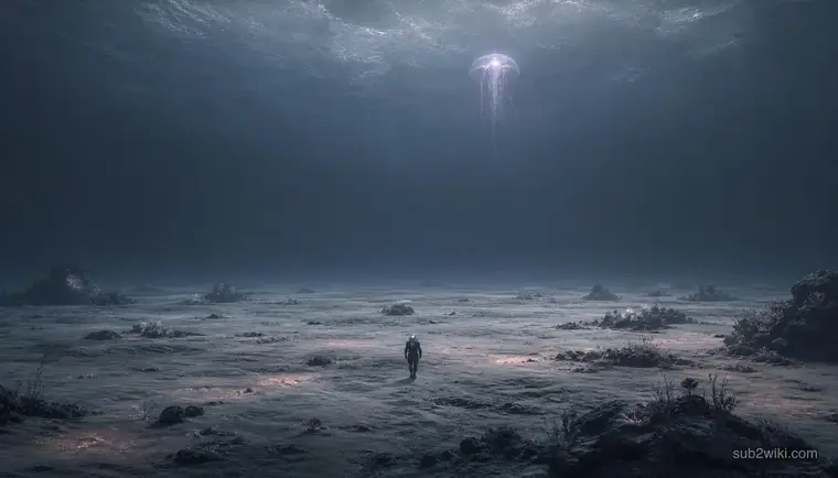 Sparse plains biome with low visibility and scattered fauna markers, concept art inspired by mid-depth open-water survival themes.