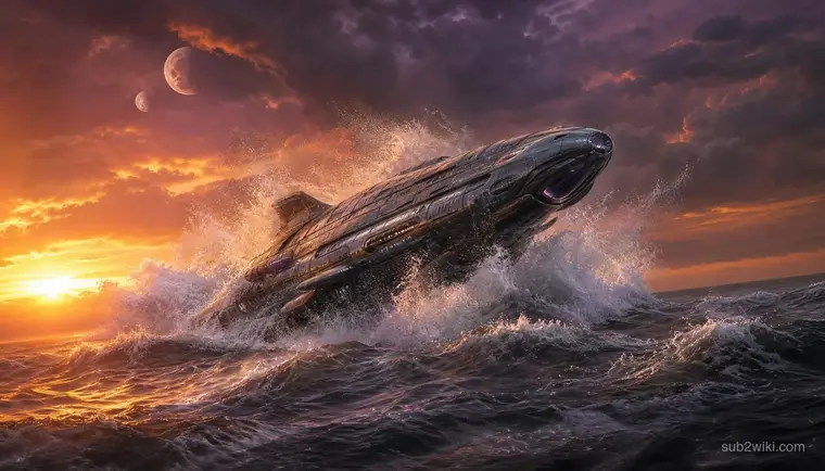 Submersible breaking the ocean surface under storm light, concept art inspired by underwater survival and vehicle themes.