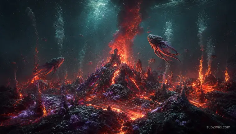 Underwater volcanic vent zone concept art with glowing magma cracks, inspired by deep-sea resource gathering themes.