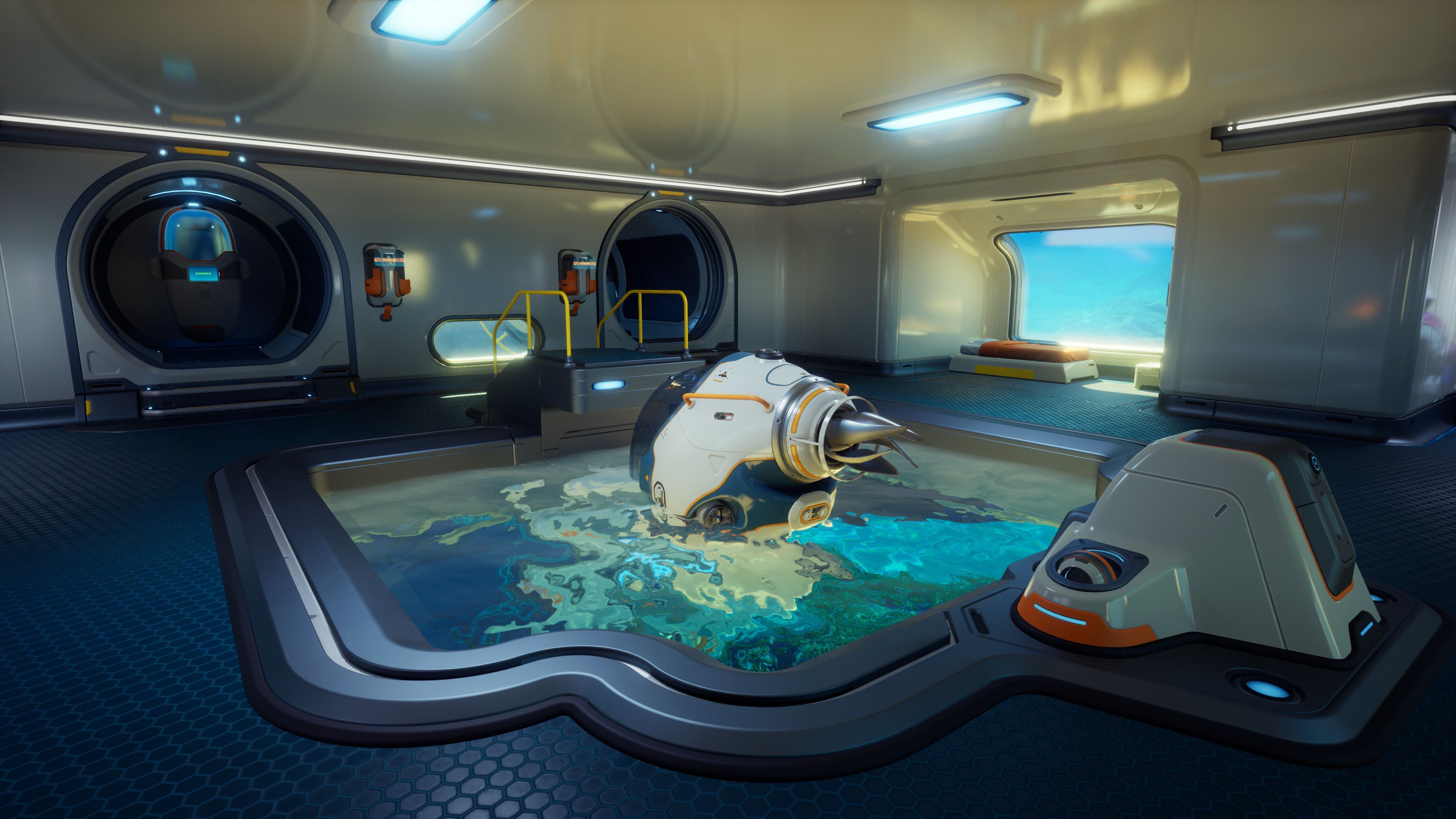 Official Unknown Worlds Subnautica 2 moonpool image used for vehicle crafting planning.