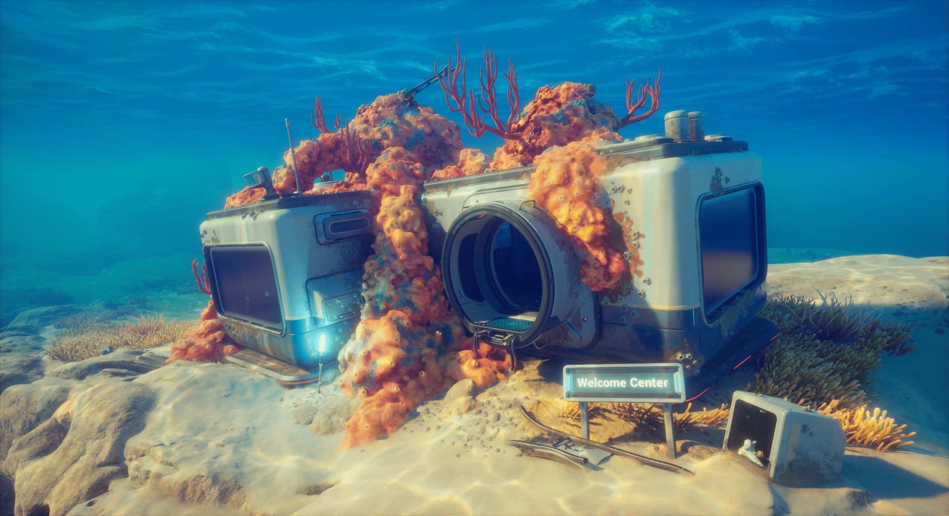 Official Unknown Worlds Subnautica 2 Welcome Center screenshot used for material processing context.
