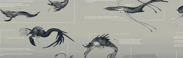 Official Steam Subnautica 2 creature concept poster used for biomod scan planning.