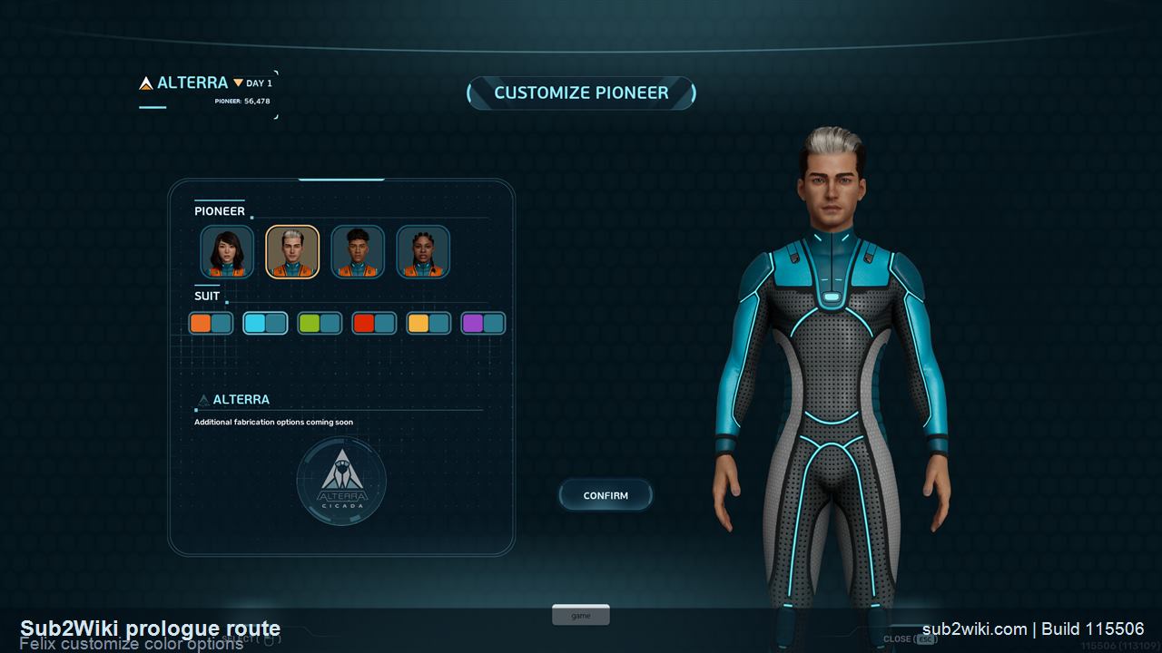 Subnautica 2 Felix Customize screen showing outfit color options.