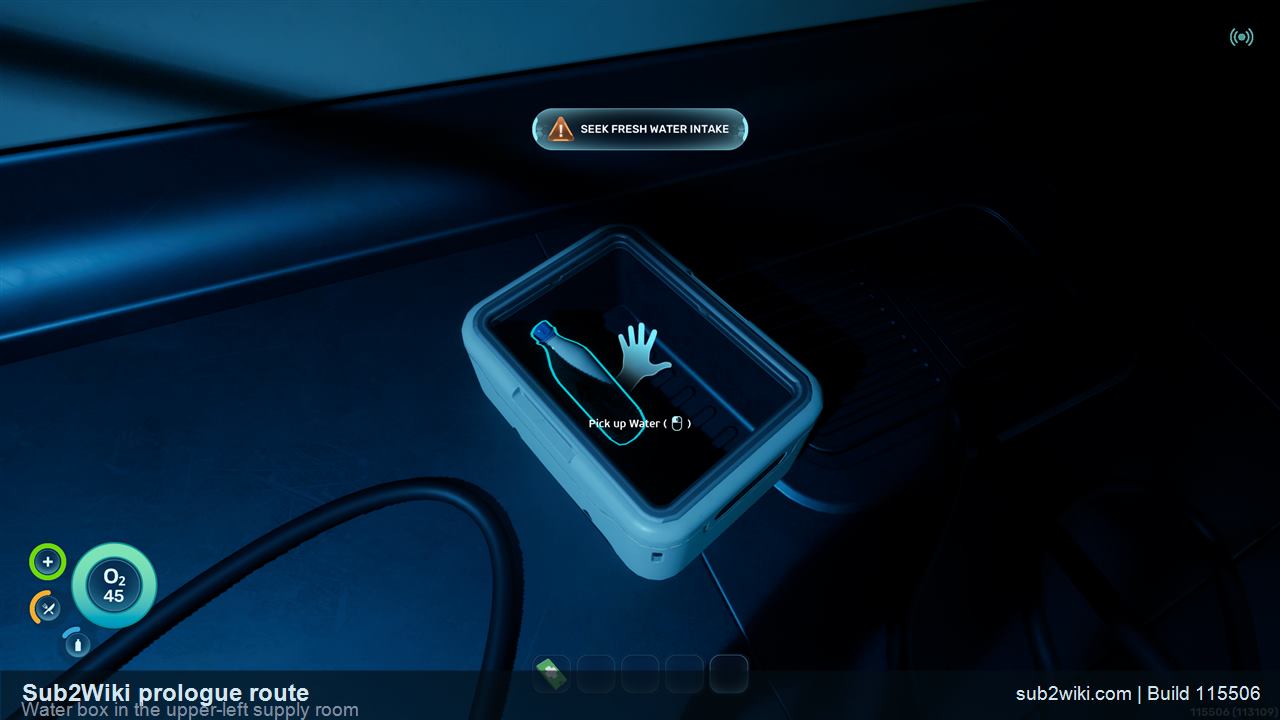 Subnautica 2 prologue Water box visible in the upper-left side of the supply room.