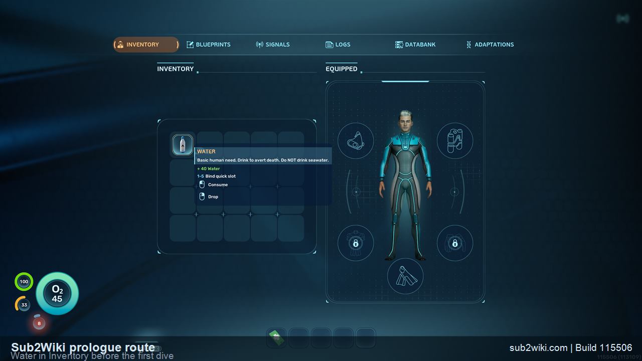 Subnautica 2 Water item visible in PDA Inventory during the prologue.