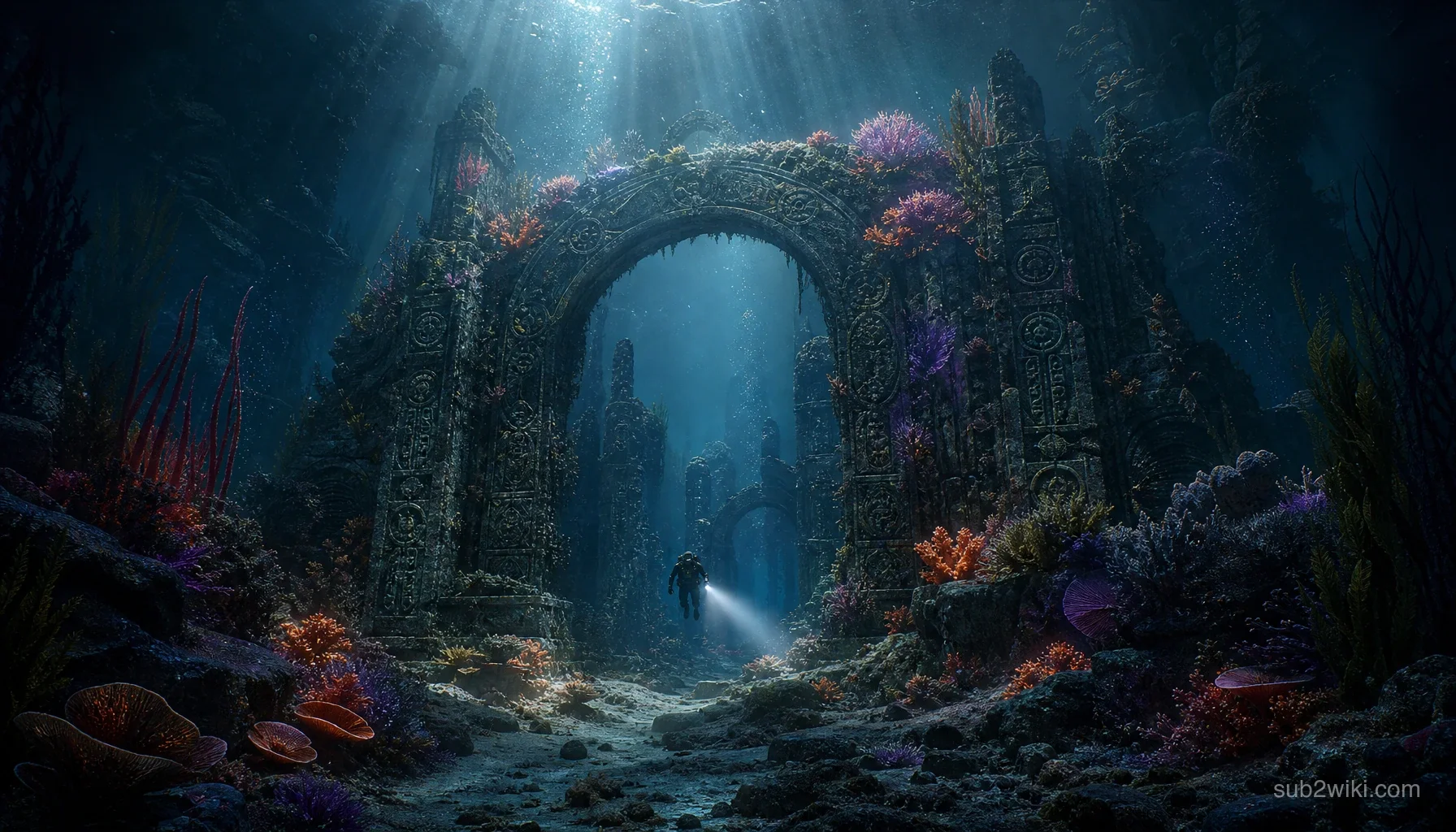 Ancient underwater ruins concept art with vertical columns and bioluminescence, inspired by deep-sea exploration and base-building themes.