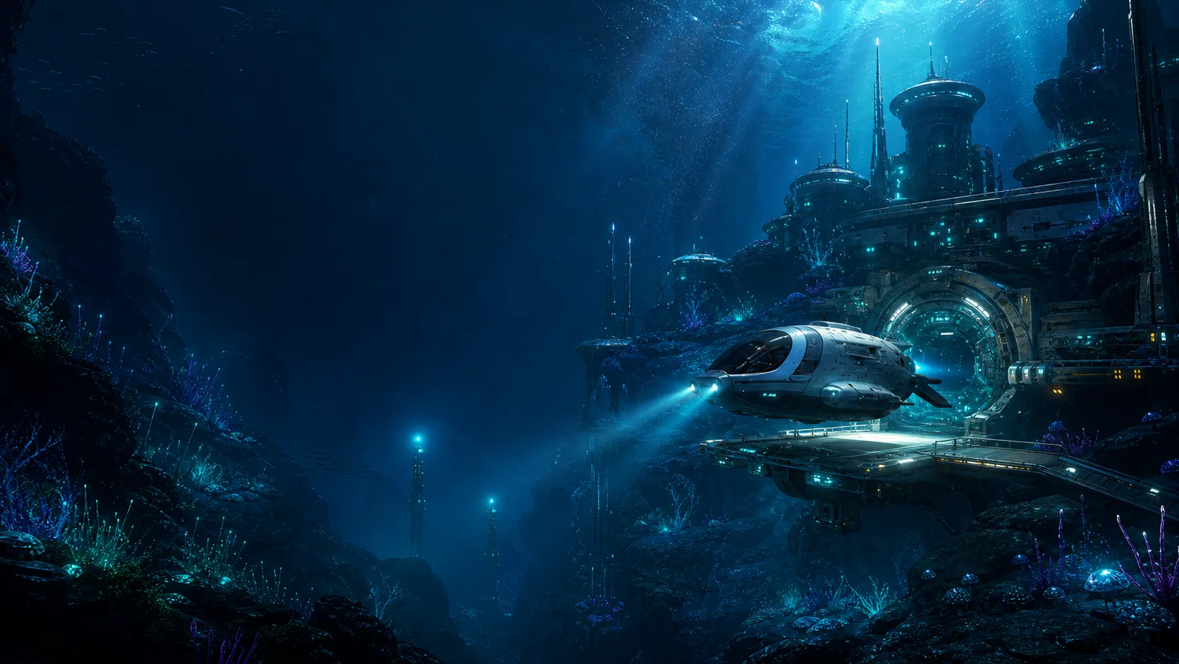 Deep sea exploration scene with submersibles and glowing underwater structures