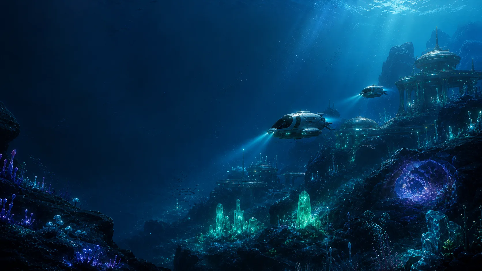Underwater launch briefing with a submersible and illuminated base