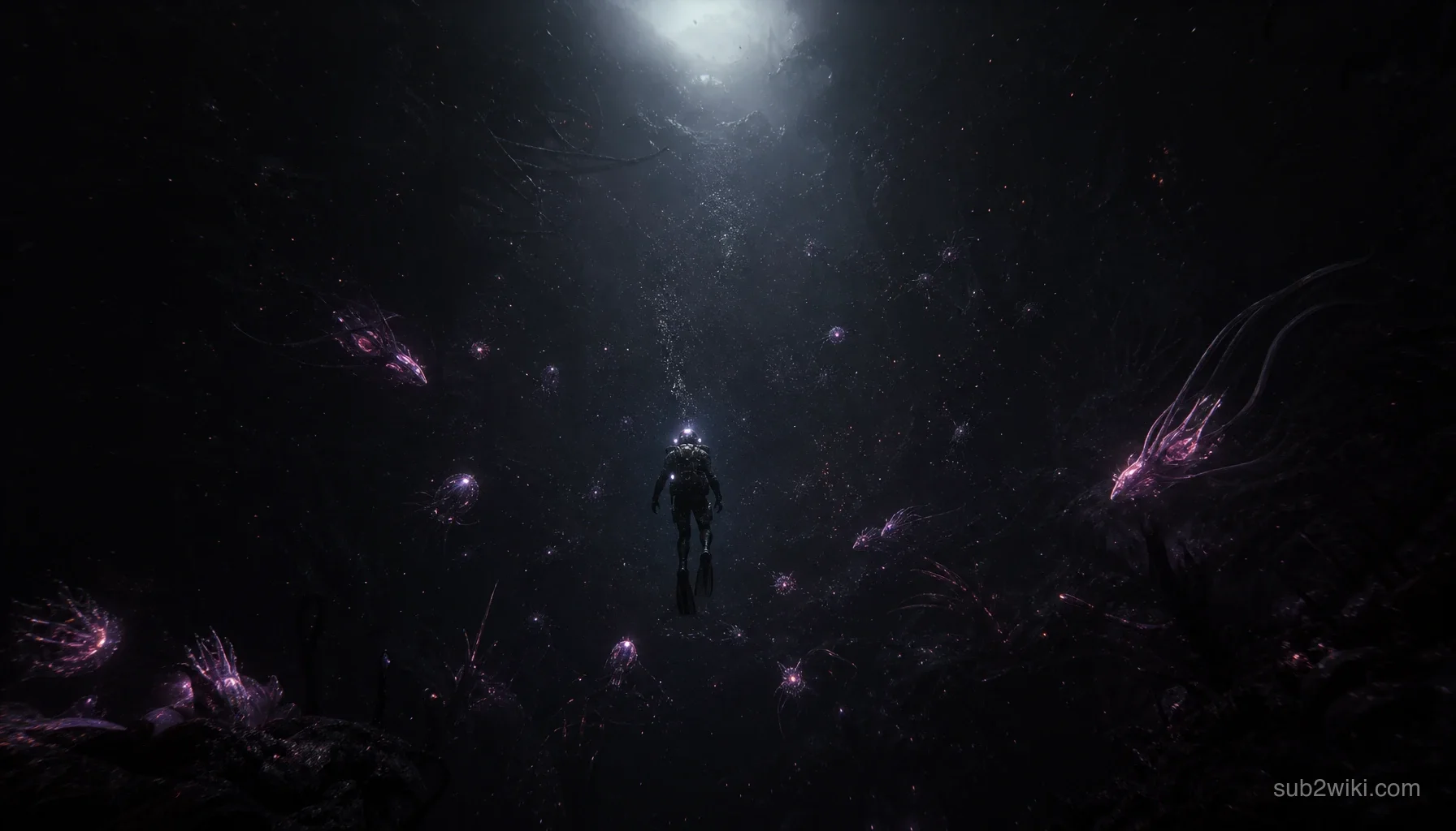 Lone diver descending into a glowing abyss, concept art inspired by underwater survival exploration and a growing world.