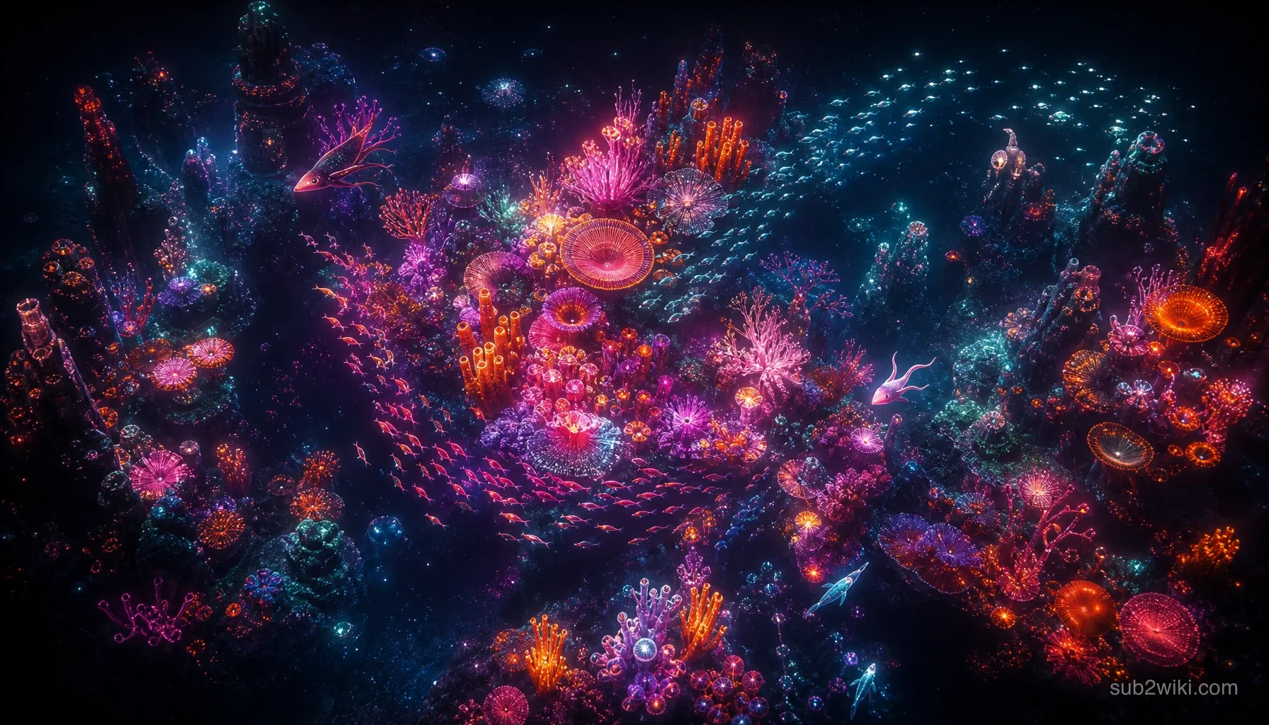 Glowing neon coral garden biome concept art with bioluminescent flora, inspired by underwater survival exploration themes.