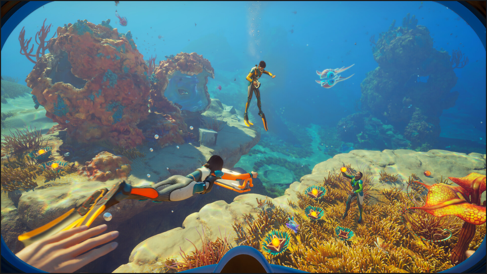 Subnautica 2 official screenshot: co-op divers exploring underwater