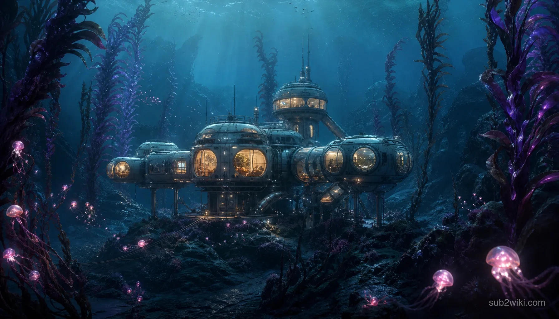 Underwater habitat base concept art with shared corridors and docking bays, inspired by deep-sea co-op survival themes.