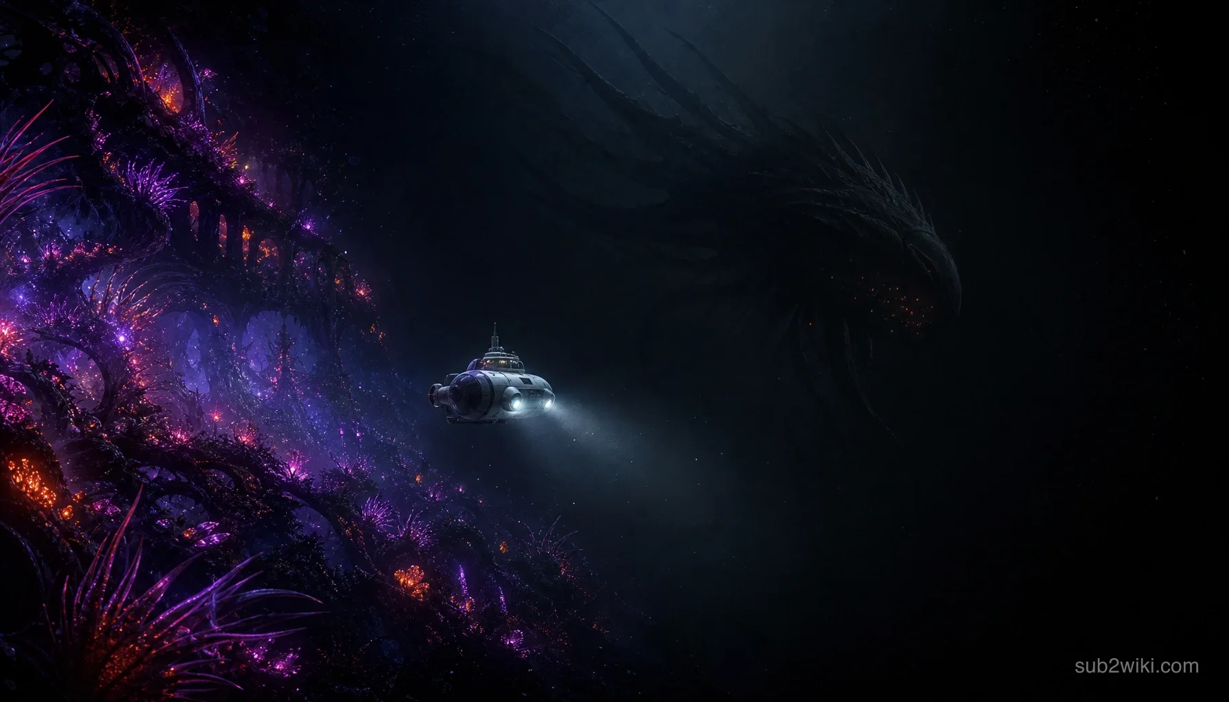 Concept art of a void leviathan silhouette in a dark deep-sea trench, inspired by underwater alien creature themes.