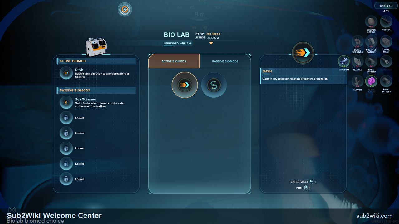 Subnautica 2 gameplay screenshot showing the Biolab and biomod route interface.