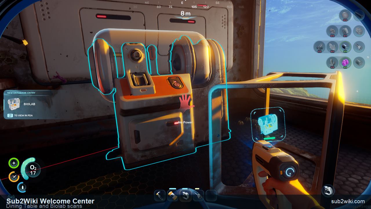 Subnautica 2 Welcome Center Dining Table and Biolab scan area.
