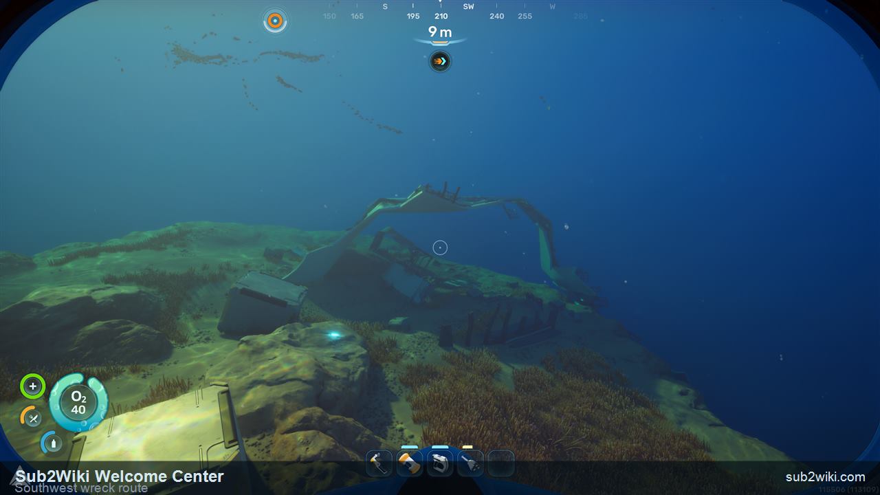 Subnautica 2 compass route from the Welcome Center toward the southwest wreck at 210 to 240 degrees.
